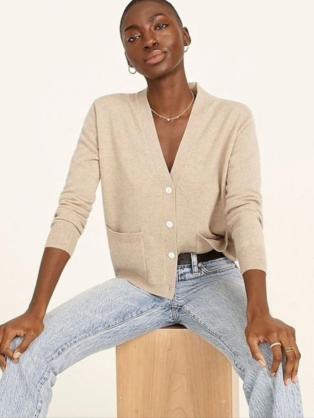 J. Crew 100% Cashmere Patch Pocket Cardigan Sweater V-neck Beige Tan Cream Small